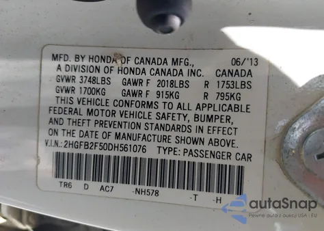 2013 Honda Civic Lx z USA, uszkodzony, nr VIN 2HGFB2F50DH561076